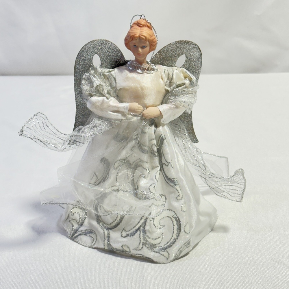Vintage‎ White And Silver Angel With Porcelain Head Mini Christmas Tree Topper